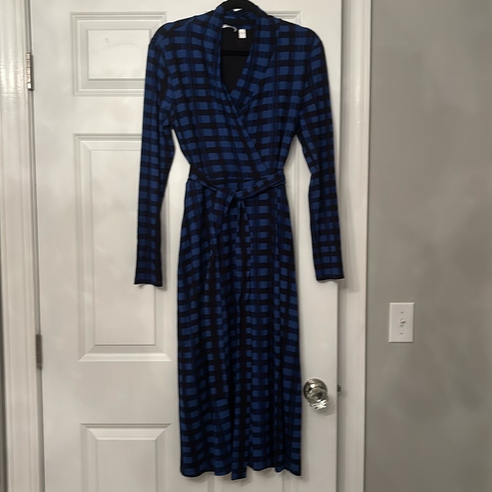Boss Blue plaid illusion wrap dress